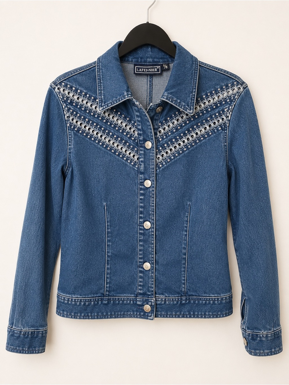 Vintage Lafei Nier Embellished Stretch Denim Jacket Blue Button Front Size S/8